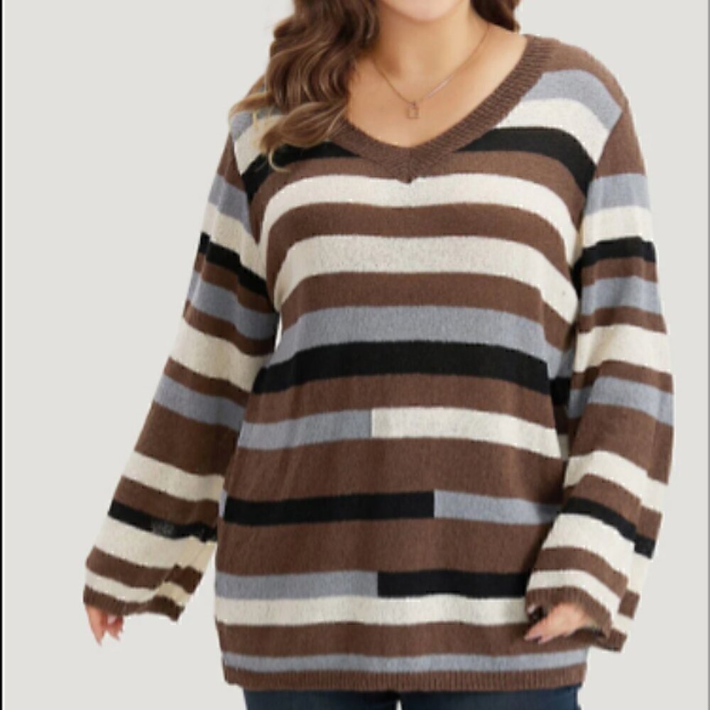 BloomChic - V-Neck Striped ColorBlock Long Sleeve Sweater -Sz 22=24 - Picture 2 of 3